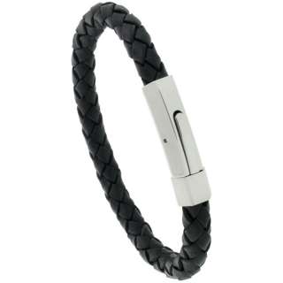 Stainless Steel, Braided Black Leather Bracelet, 5/16 in. (8 mm) wide