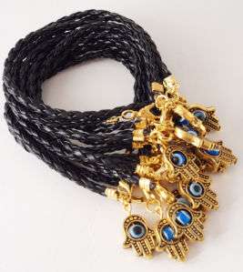 10 Hamsa EVIL EYE Black leather bracelet with gold hamsa pendant 