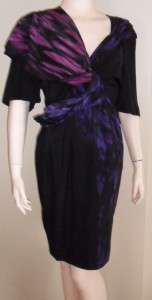 black and two tone purple silk dress with deep crossover V neck 