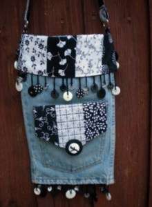 Unique Denim Bag made with Jeans and buttons/beads trim  