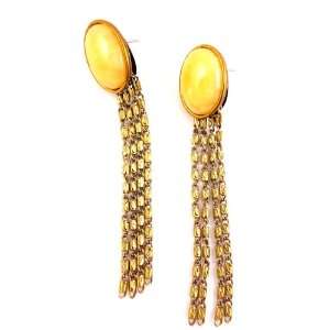   Antique Brass and Yellow Jade Oval Fringe Statement Earrings Jewelry