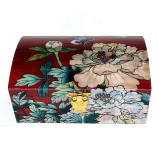 Mother of Pearl Red Lacquer Flower Jewel Wooden Small Jewelry Chest 