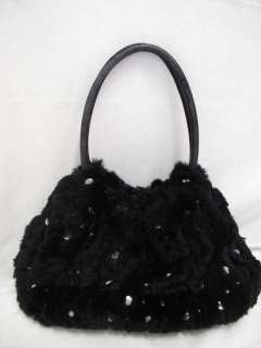Sonia Rykiel Black Fur Silver Studded Leather Strap Bag  