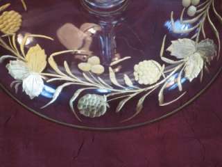   Engraved Glass Compote with Gold, Cut Leaf and Berry Designs  