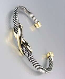 Designer Style Silver Cable Gold X Cuff Bracelet  