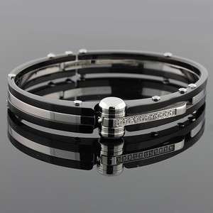 Stainless Steel Black and Silver Handcuff White Crystals CZ Mens 