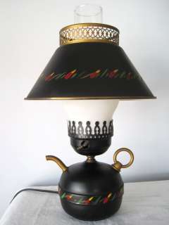   Antique Hand Painted Black Teapot Tole Toleware Metal Table Desk Lamp