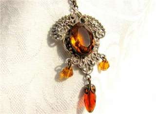   ANTIQUE Victorian VAUXHALL AMBER GLASS Filigree DROP NECKLACE  