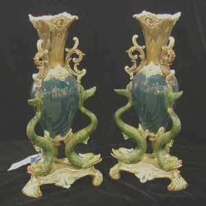Pair of Julius Dressler Majolica Palissy Vases c1900  
