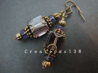 Purple Glass Cubed Bead Antique Brass Costume Earrings  