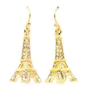  Paris Eiffel Tower Crystal Studded Fashion Earrings   Gold 