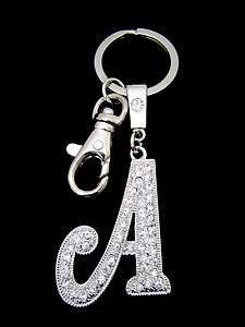 INITIAL LETTER KEY CHAIN RING HOLDER CLEAR CRYSTALS  