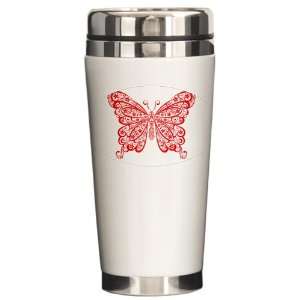  Ceramic Travel Drink Mug Stylized Lacy Butterfly 