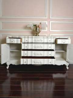   Cottage Chic White Rose Wreath French Style Buffet Credenza Cabinet