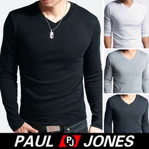 New Mens Slim Fit Cotton Lycra V Neck Long Sleeve Casual T Shirt Tops 
