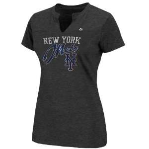   New York Mets Ladies Game Lead Fashion Split Neck T Shirt   Charcoal