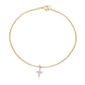  Yellow Gold Plated Sterling Silver Diamond Accent Cross Charm Anklet 