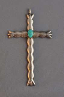LARGE NAVAJO CAST HEAVY VINTAGE SILVER CROSS TURQUOISE  