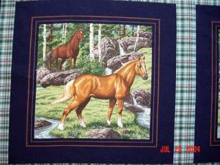 HORSES pillow fabric panels or quilt HORSE blue  
