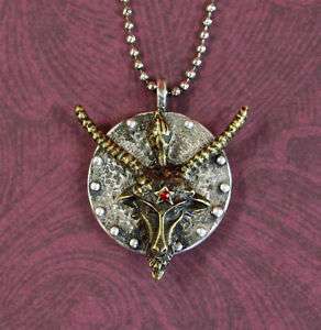BAPHOMET Medallion Necklace, Pentagram on Back, Pewter w/ Antiqued 