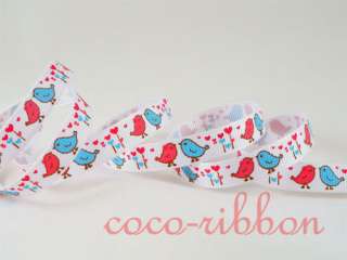 10Y Valentine Heart Bird Grosgrain Ribbon U Pick 3/8 7/8 White/Pink 