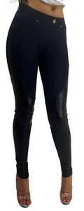 New Knit Denim Look High Quality Stretch Jeggings with Leather Patches 