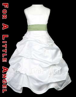 WHITE SATIN FLOWER GIRL DRESS w SAGE GREEN SASH size 8  