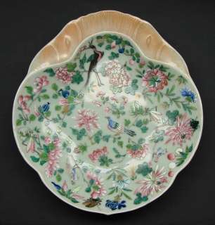 19th C . Chinese Famille Rose Floral Birds Shrimp Dish  