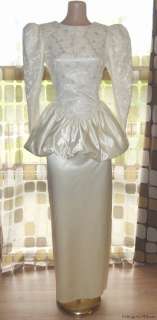 Vintage 80s Bubble Peplum Satin Lace Wedding Dress Prom Gown Jessica 