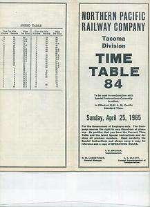 NORTHERN PACIFIC RAILWAY ETT TIMETABLE TACOMA DIVISION #84 4 25 1965 