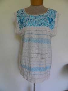 Vtg 70s MEXICAN EMBROIDERED CUTOUT Crochet lace Top  