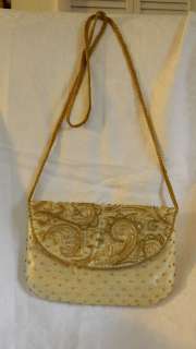 La Regale Ivory Satin Gold Beaded Evening Shoulder Bag Snap Front 