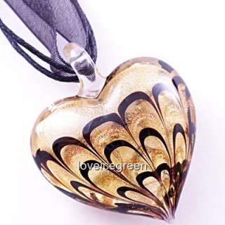 Gold Black Heart Lampwork Glass Bead Pendant Necklace  