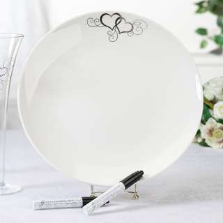   Rose Round Silver Heart Wedding Guest Signing Plate with 2 Pens  