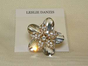 Leslie Danzis crystal flower Stretch Ring gold tone   
