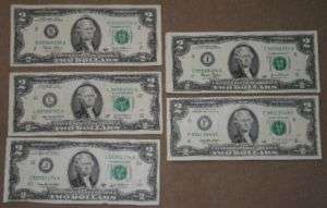 Five $2 FRN Notes from Uncut Sheets rare serial# blocks  