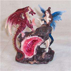 Fairy in Blue with Red Dragon on Pink Geode Figurine  