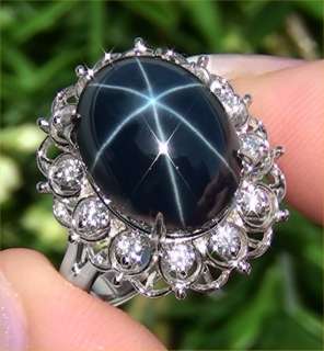   18.49 ct Natural Blue Star Sapphire Diamond Ring 14k White Gold  