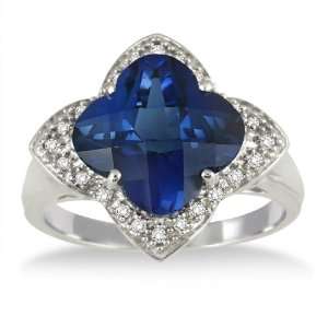 Carat Created Cushion Cut Sapphire and Genuine Diamond Ring in .925 