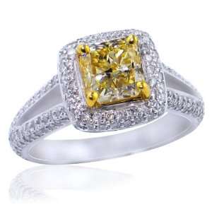  14K Two Tone Radiant Fancy Yellow Diamond Ring Jewelry
