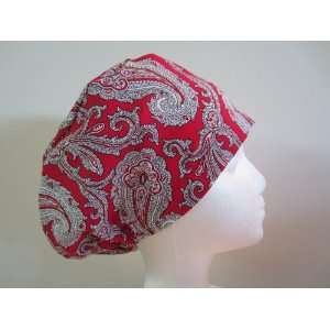  Womens Close Fit Scrub Cap, Adjustable, Red Paisley 