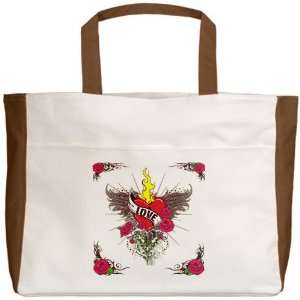  Beach Tote Mocha Love Flaming Heart with Angel Wings 