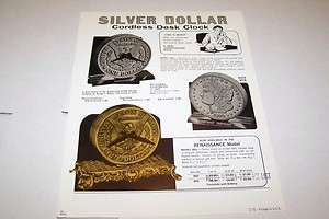 Vintage 1973 SILVER DOLLAR DESK CLOCK   ad sheet #0275  