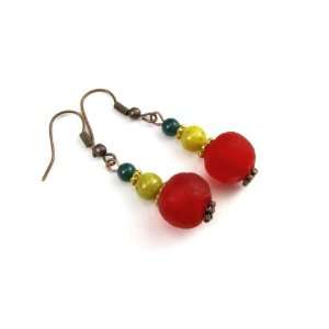  Red African Sand Cast Bead Dangle Earrings with China Jade 