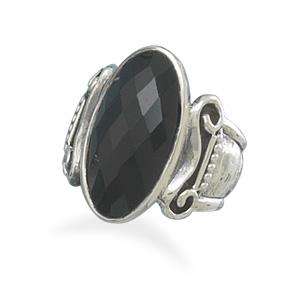 Fancy Faceted Oval Black Onyx Ring Oxidized Column Design 925 Sterling 