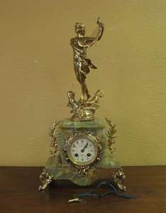 Antique French onyx figural mantle clock Louis XV style harp  