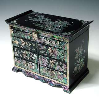 Mother of Pearl Asian Lacquer Wooden Jewelry Keepsake Treasure Chest 