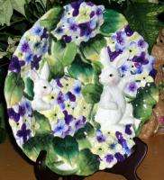 Spring Easter Plate Platter Hand Painted Embossed Bunnies Hydrangea 