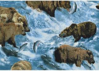 NA WILDLIFE BROWN BEARS AND FISH~ Cotton Quilt Fabric  