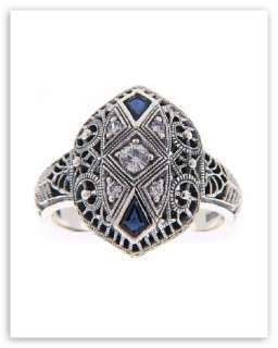 Sterling Silver CZ Sapphire Filigree Ring Art Deco Style   Size 6 